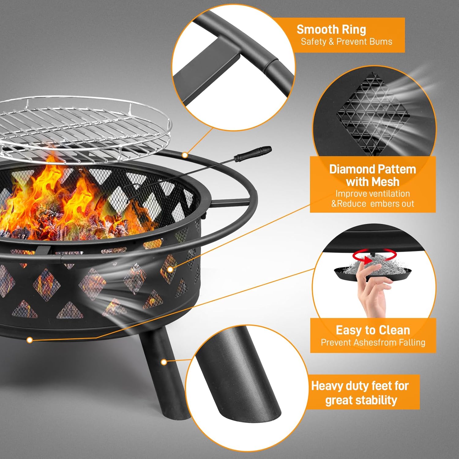VINGLI Outdoor Fire Pit with Grill, 2 in 1 Wood Burning Fire Pit with Swivel Cooking Grate, Outdoor Fire Pit for Chrismas Backyard Patio Outside Picnic BBQ Party (Black, 30 in)