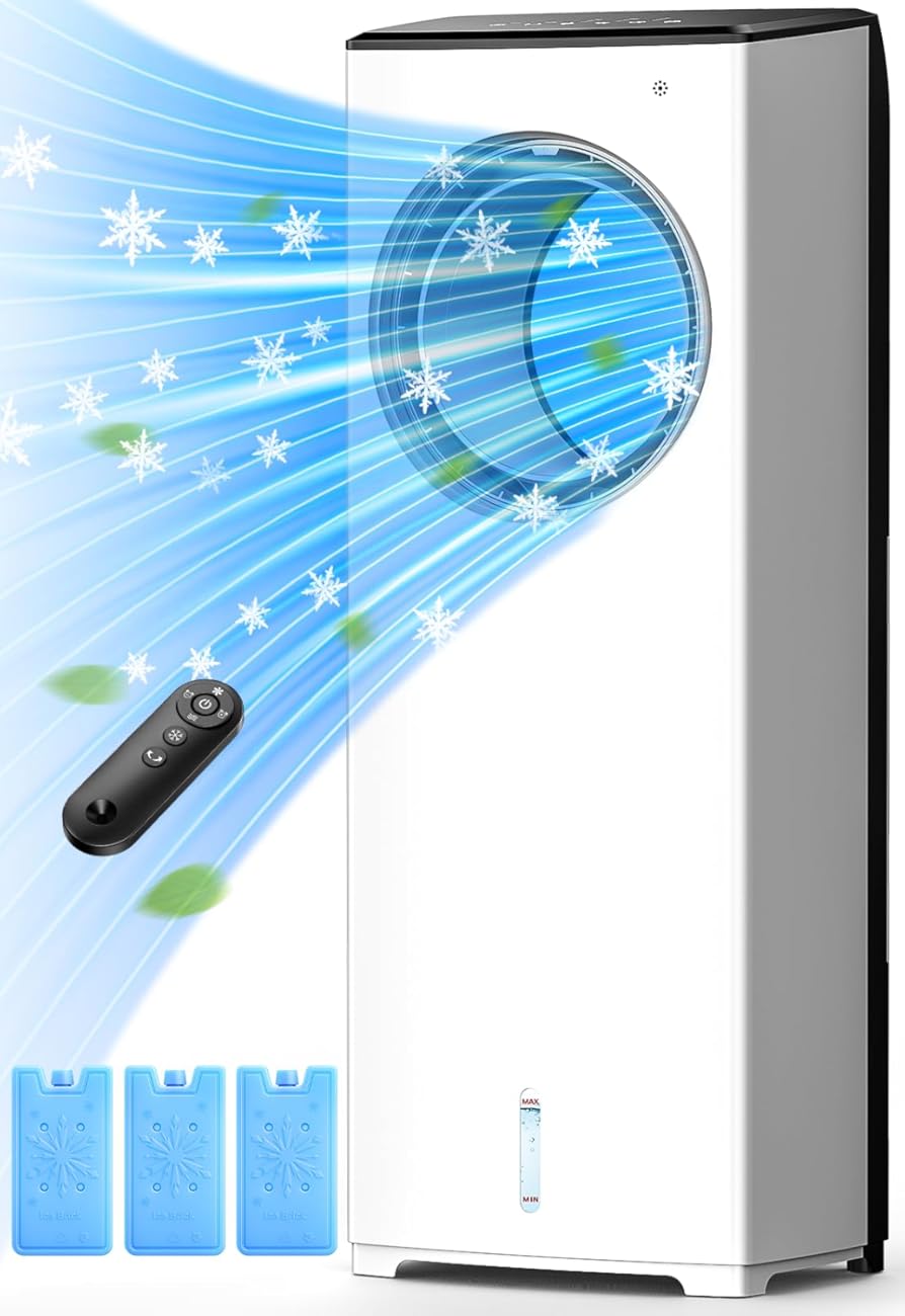 BALKO 3 IN 1 Portable Air Conditioners, 32 INCH Evaporative Air Cooler for Room w/Sleep/Natural/Normal Mode, 3 Speeds, Remote & 1-8H Timer for Auto-Off, 1 Gal Water Tank, Swamp Cooler Bedroom Indoor