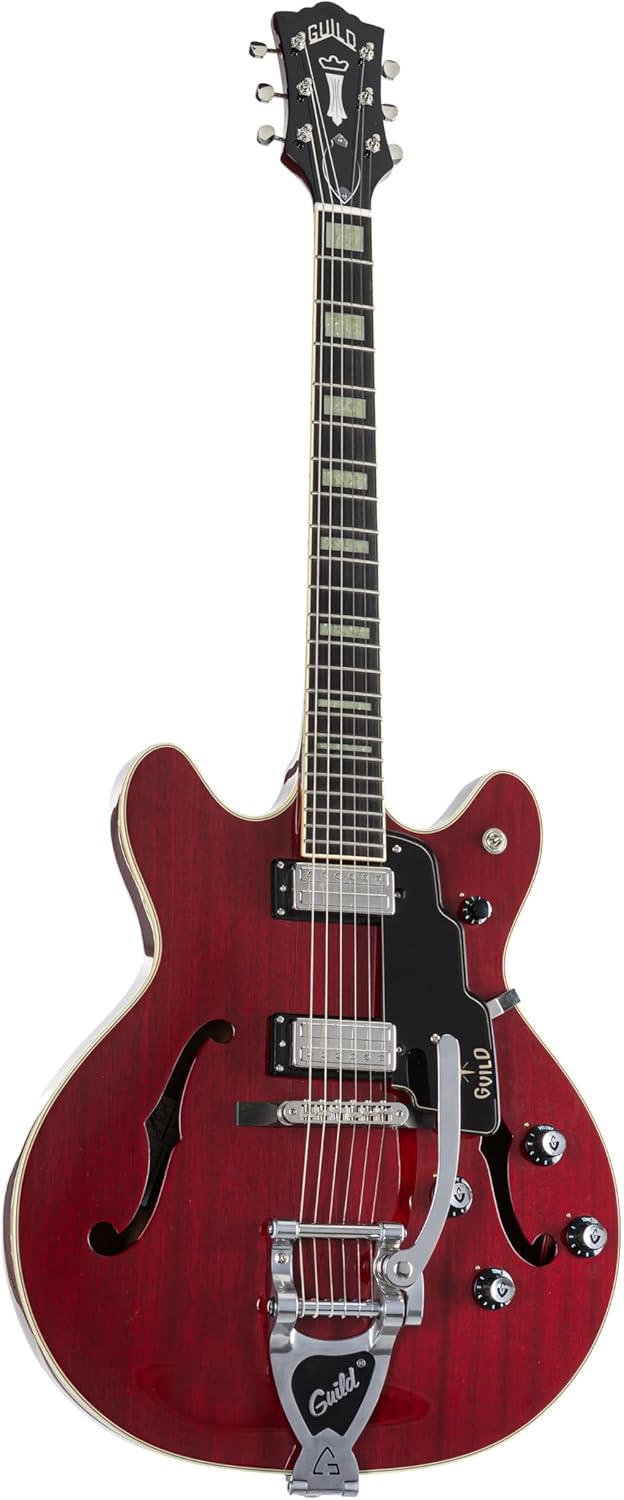 Guild Guitars Starfire V Semi-Hollow Body Electric Guitar, Cherry Red, Double-Cut w/tremolo, Newark St. Collection, with Hardshell Case