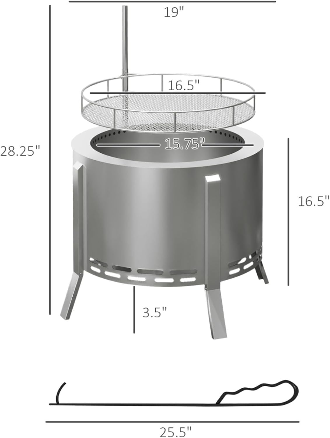 Stainless Steel 2-in-1 Smokeless Fire Pit, BBQ Grill, 19
