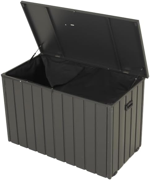 50 Gallon Metal Deck Box, Waterproof Lockable Outdoor Storage Chest for Patio Furniture, Pool Cushions, Tools & Package Delivery, Steel Storage Bench (100 Gallon (Dark Gray) + Waterproof Storage Bag)