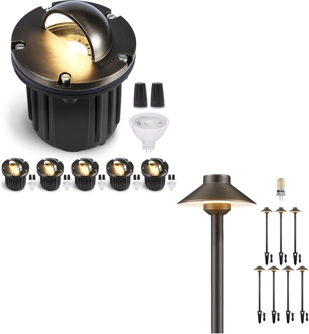 Gardenreet Low Voltage Landscape In Ground Light Bundle, 6-Pack Brass 12V Well Lights Wired, 8-Pack Brass LED Pathway Lights Outdoor, IP65 Waterproof with Bulb