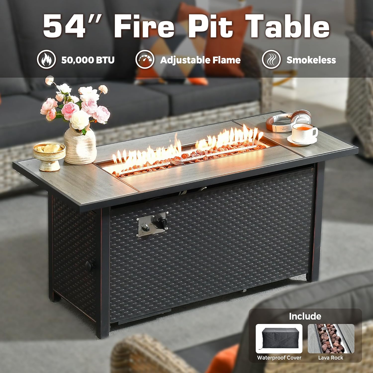 9 PCS Outdoor Patio Furniture Set with Fire Pit Table and Swivel Rocking Chairs,All Weather Wicker Rattan Patio Seating Sofa and Chair Set with Ottomans,Outdoor Conversation for Porch Deck Yard,Black