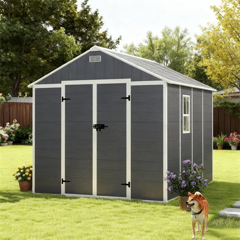 8x8 FT Resin Outdoor Storage Shed with Floor and Window, Outside Waterproof Plastic Garden Sheds w/Lockable Door & Vents, All-Weather Tool House for Patio, Backyard, Lawn, Dark Gray