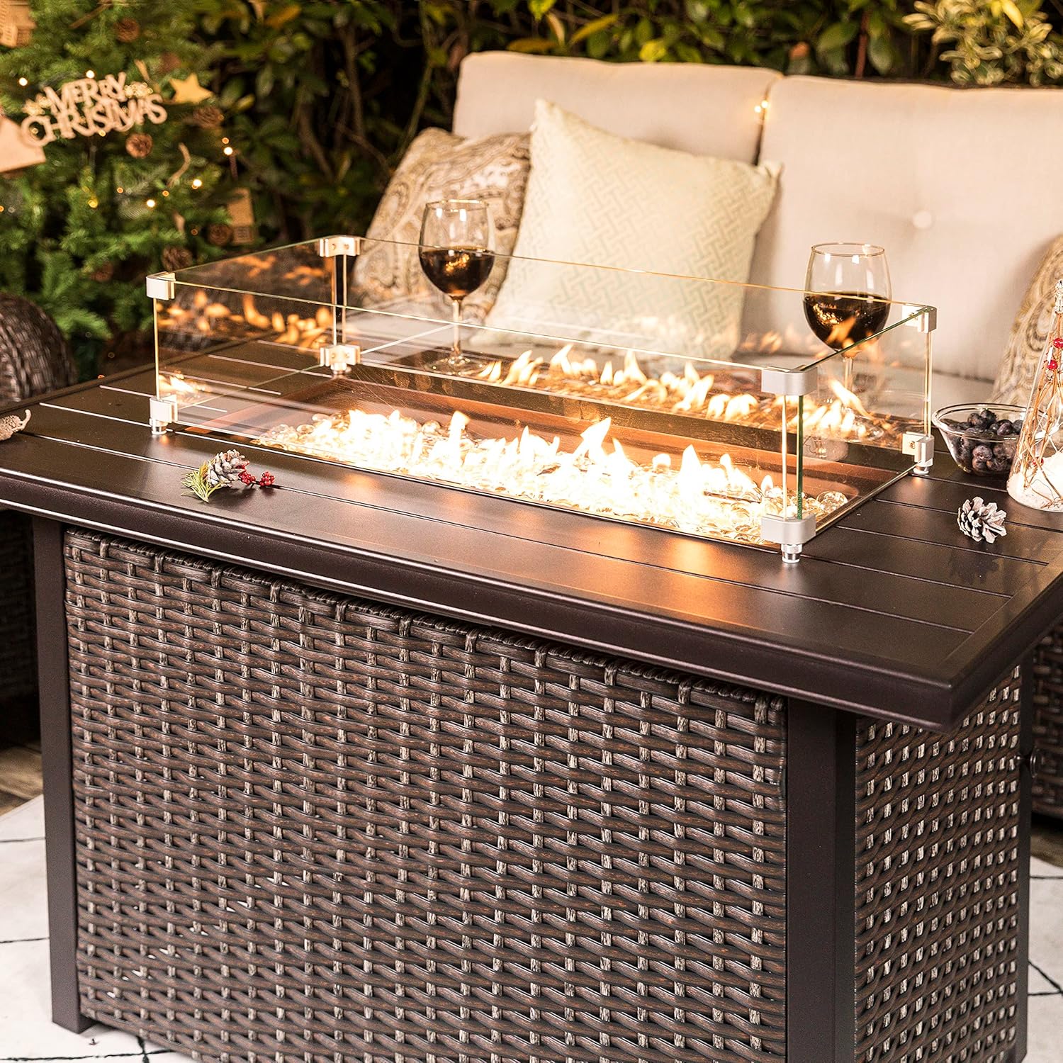 Nuu Garden Outdoor 43-inch 50,000 BTU Propane Gas Fire Pit Table, Aluminum Tabletop and PE Rattan Weaved Iron Frame, Glass Fire Pit Wind Guard, Glass Beads, Lid Included, Dark Brown