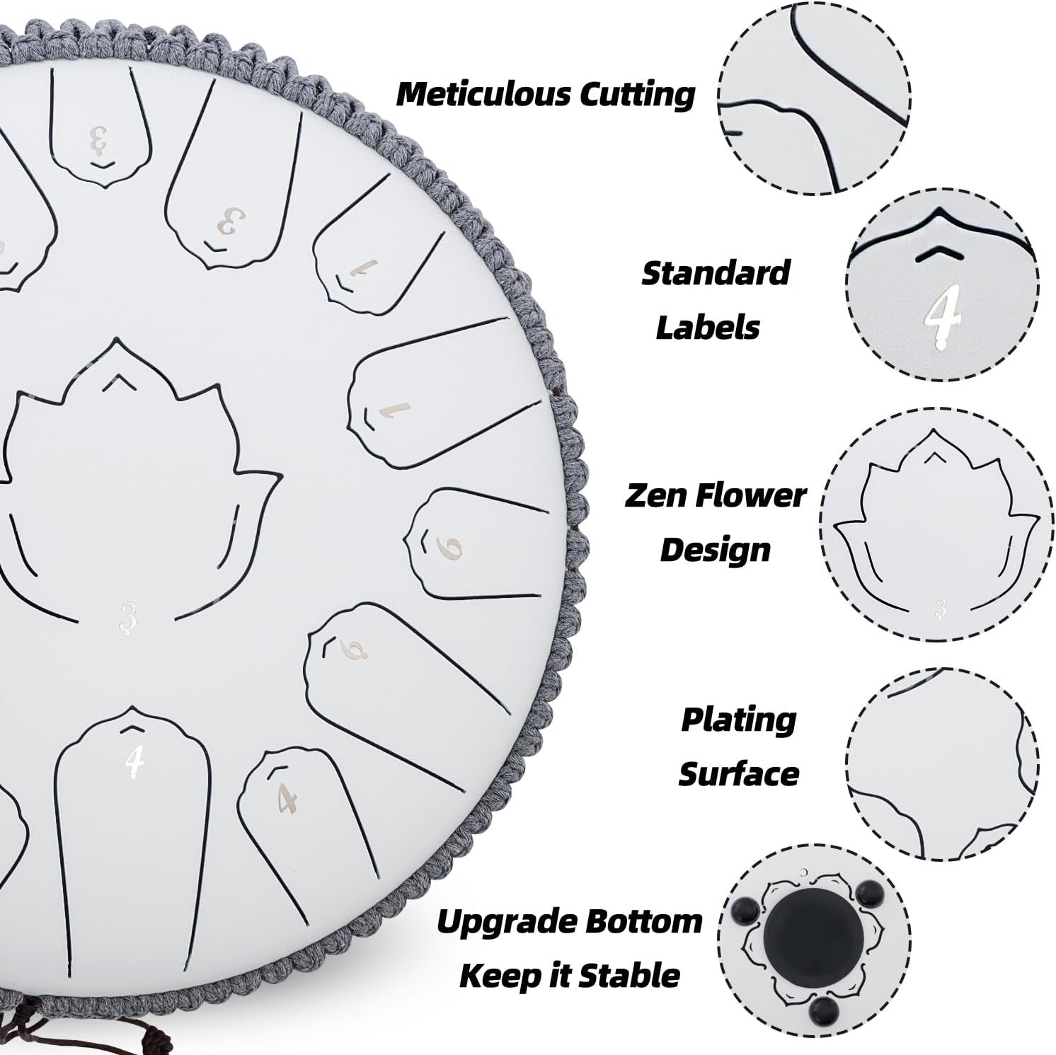 Steel Tongue Drum 13 Inch 15 Notes,Hand Drums with C-Key Travel Bag Drumsticks Holder Finger Paddles and Music Book,Handpan Percussion for Musical Education Meditation Yoga Gifts(Titanium White)