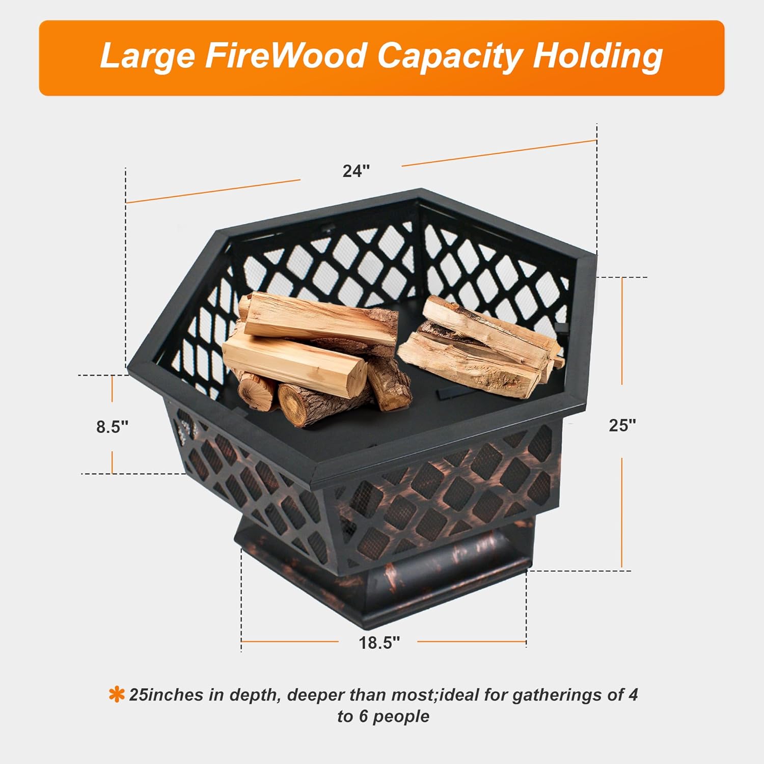 F2C 24 Inch Hex-Shaped Fire Pit with Fire Picker Outdoor Wood Burning Bonfire Firebowl Steel Firepit with Spark Screen Lid & Poker for Patio Backyard Garden Beach Camping Picnic