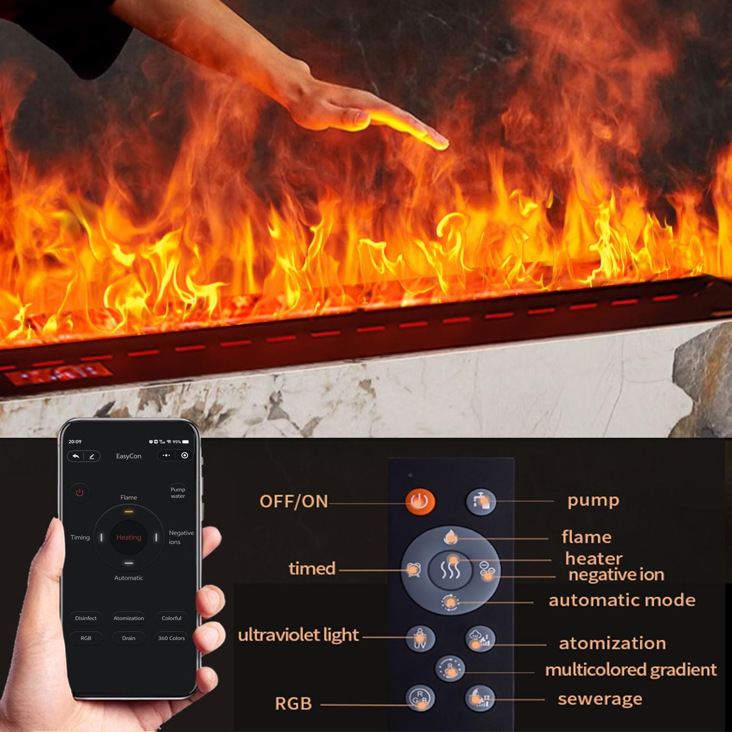 47.24 inch APP 1200W Heater Water Vapor Fireplace 3D Atomizing Fireplace Recessed Electric Fireplace Remote Control with Timer Touch Simulation Flame Touch Flame Multiple Colors and Flame Adjustment