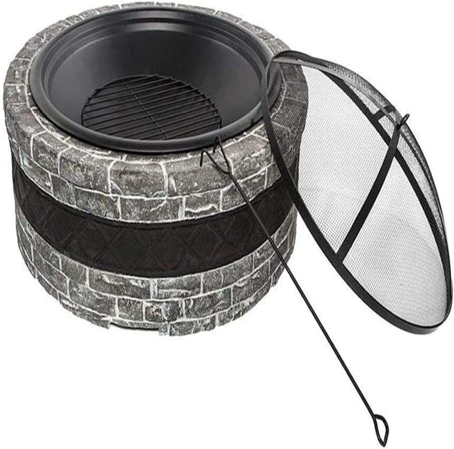Fire Pit BBQ Grill Fire Bowl Round Charcoal Heating Brazier Imitation Stone Wood Grain Stove