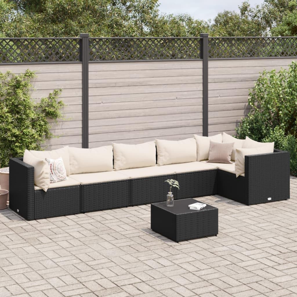 Furniture Sets 7 Piece Patio Lounge Set with Cushions Black Poly Rattan,Sturdy Rattan Outdoor Lounge Set with Glass Table and Thick Cushions for Patio, Backyard, and Terrace Garden Conversation Sets