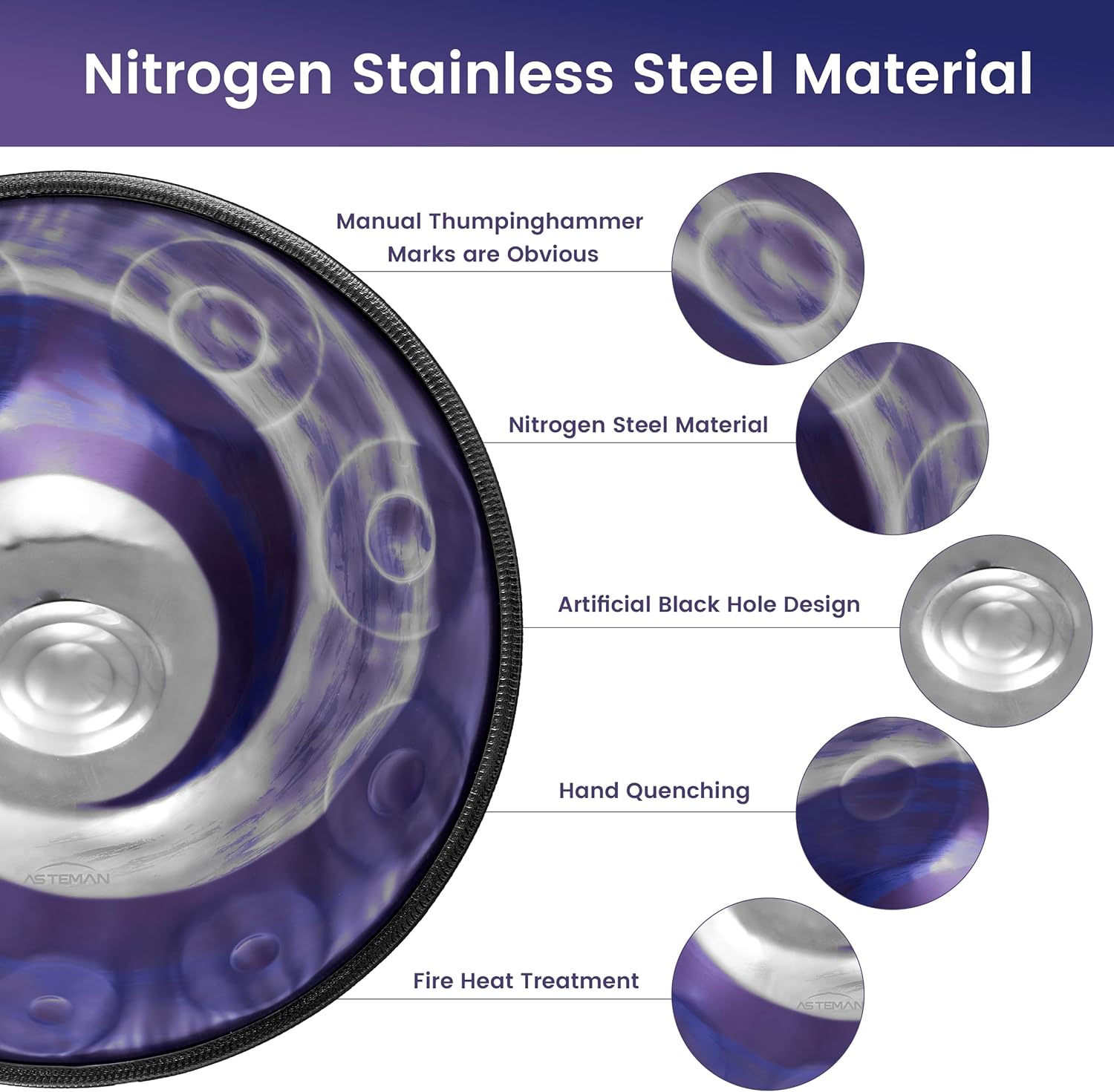 ASTEMAN Handpan in D Minor,432hz, 22 inches with 10 notes, comes with a backpack, courses, finger sleeves, stand, cleaning cloth, and two mallets.
