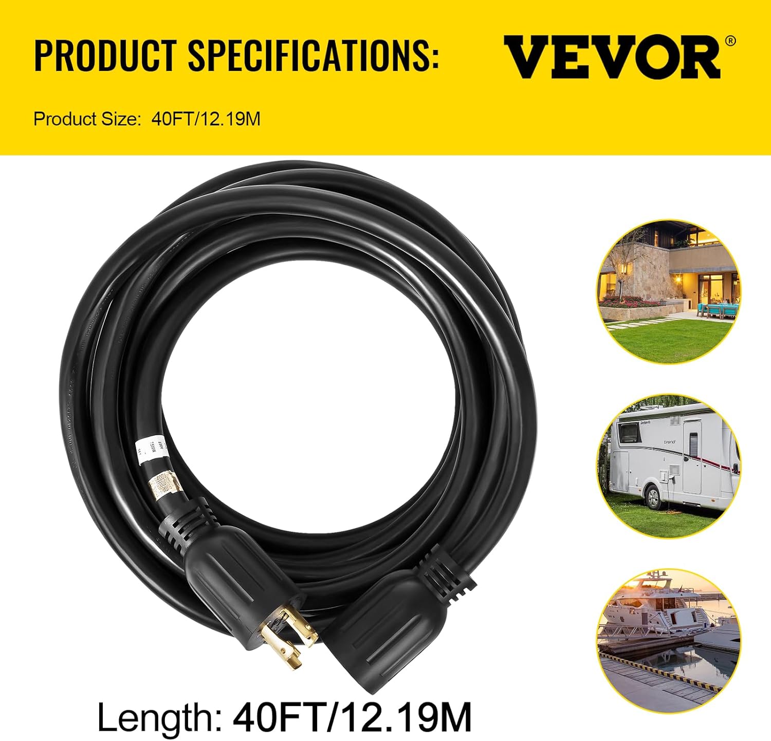 VEVOR 40 FT 30 Amp Generator Extension Cord SJTW 10 Gauge 4 Prong, NEMA L14-30P 125/250V 7500W Heavy Duty Generator Power Cord with Twist Lock Connectors