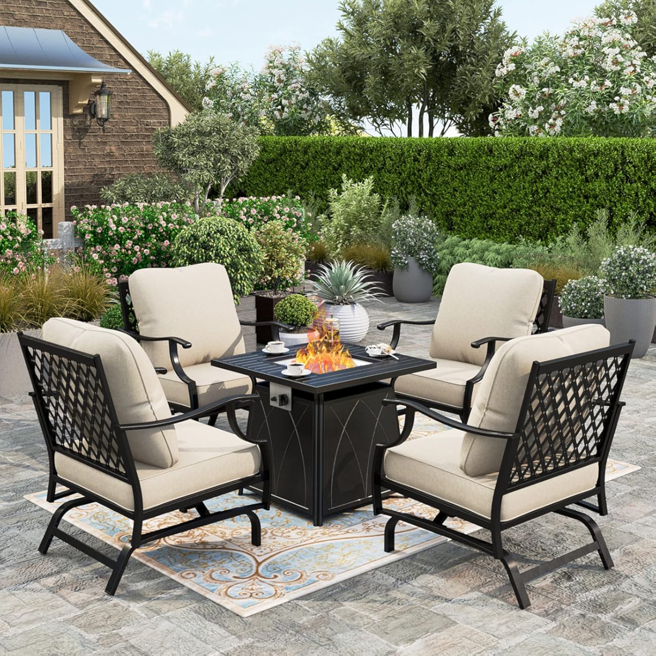 HERA'S HOUSE 5 Pieces Patio Furniture Set with Fire Pit Table, 4 x Thick Cushioned Rocking Chairs, 1 x 28 Fire Pit Table (50,000 BTU), Outdoor Conversation Set for Garden, Backyard, Lawn