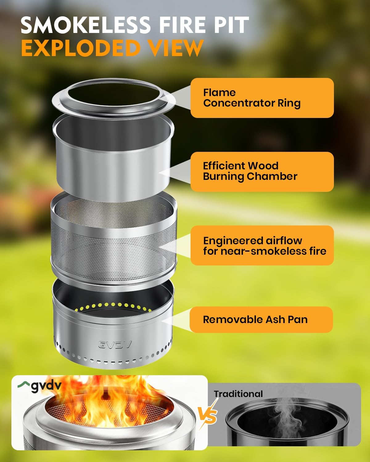 GVDV Smokeless Firepit, 20 Inch Outdoor Fire Pit with Grill & Removable Ash Pan, Hollow-Carved Design, Camping Fire pits for Outside Wood Burning, Portable Bonfire Stove with Carry Bag