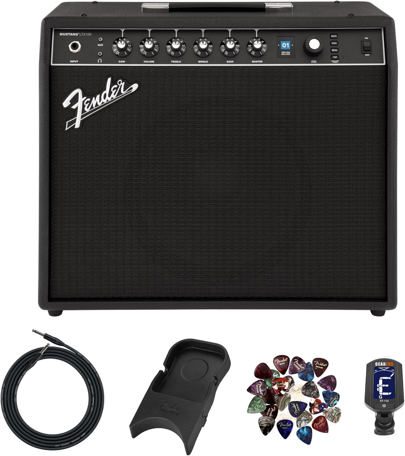 Fender Mustang LTX100 Guitar Combo Amplifier - Black Bundle with Amperstand Cradle, Tuner, Instrument Cable, and Austin Bazaar Exclusive 24-Pack Picks