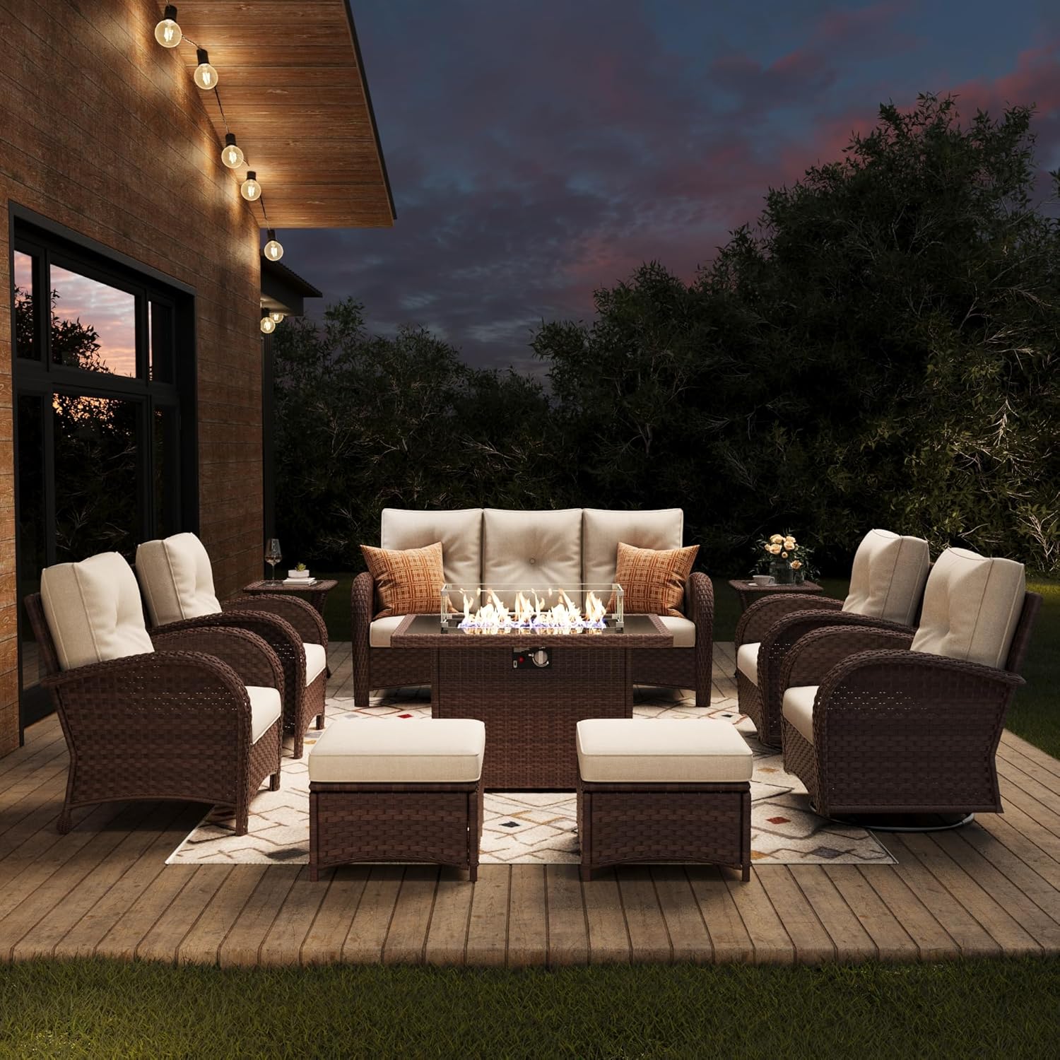Outdoor Patio Furniture Sets with Fire Pit Table 10 Pieces Wicker Swivel Rocker Chairs and Sofa Sets for Backyard Deck