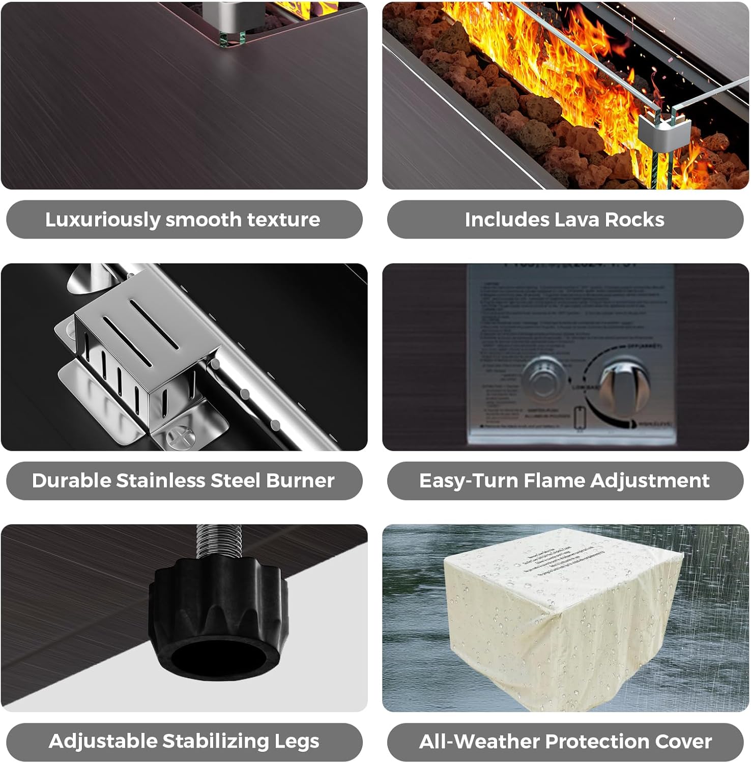 42in Fire Pit Table Propane Fire Pit 2 Piece Rectangular Gas Fire Pits 50,000 BTU with Wind Guard Propane Tank Cover Table Lava Rocks for Outdoor Outside Patio