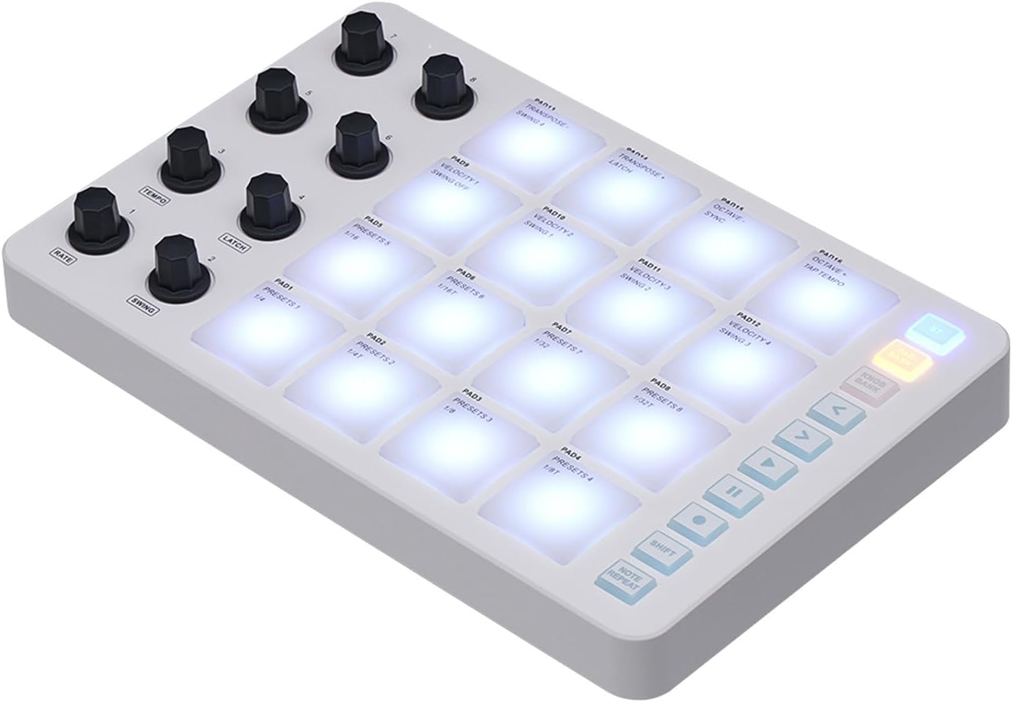 MIDI Pad Controller, Portable SMC PAD Bluetooth MIDI Controller with 16 RGB Backlit Pads, 8 Assignable Knobs, Note Repeat, Full Level Buttons, 3.5mm MIDI Output