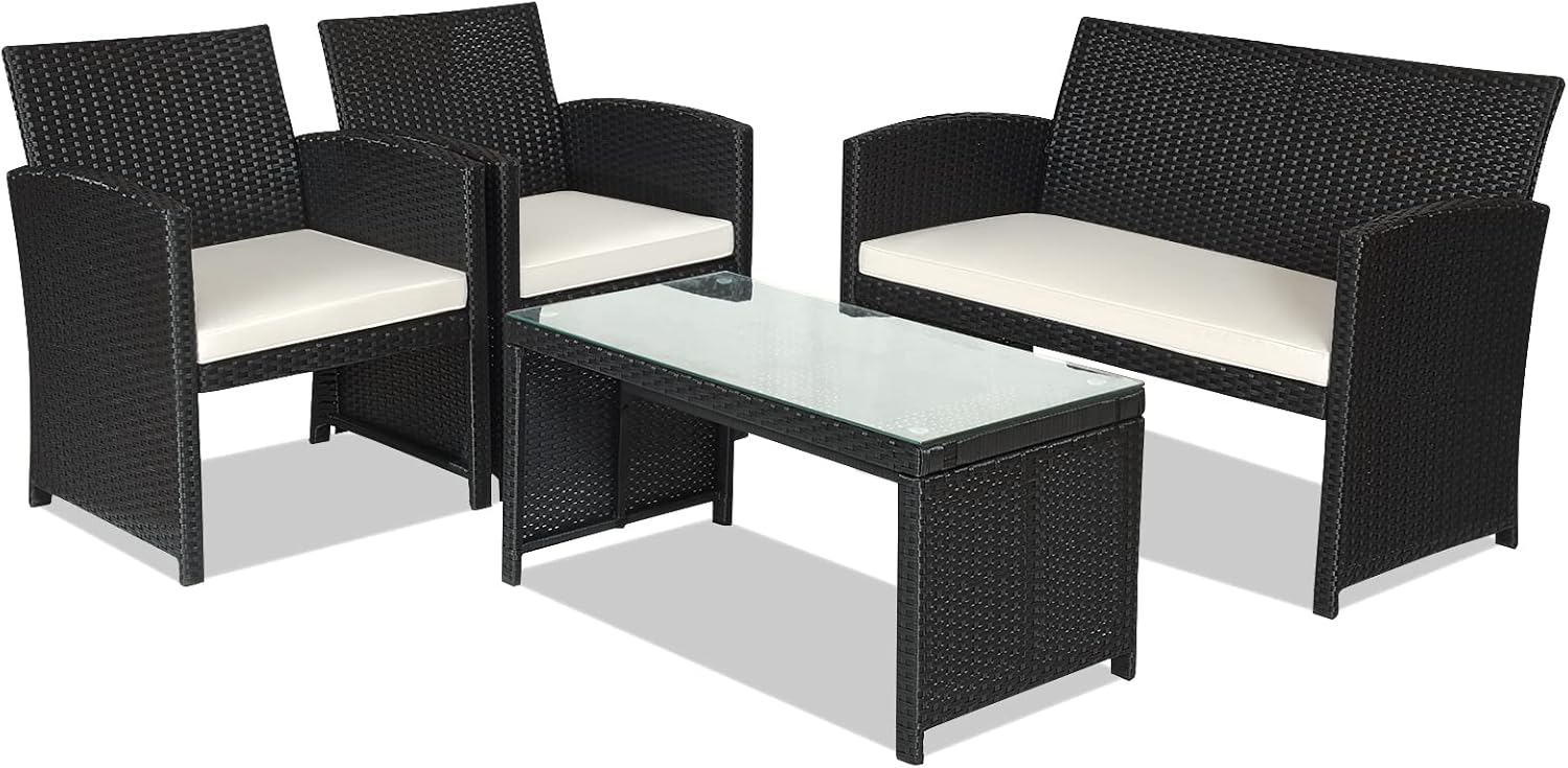 DORTALA 4 Pieces Patio Wicker Conversation Furniture Set, Outdoor Rattan Sofas with Bistro Sets with Coffee Table for Courtyard Balcony Wicker Chairs with Soft Cushion and Table, White