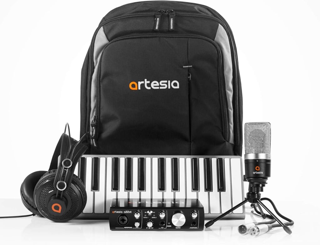 Artesia ARB-6 Backpack Recording Studio Bundle w/Xkey 25-key MIDI Keyboard & Case + Professional 24-bit USB Audio Interface + Studio Monitor Headphones + Cardioid Condenser Microphone + Backpack