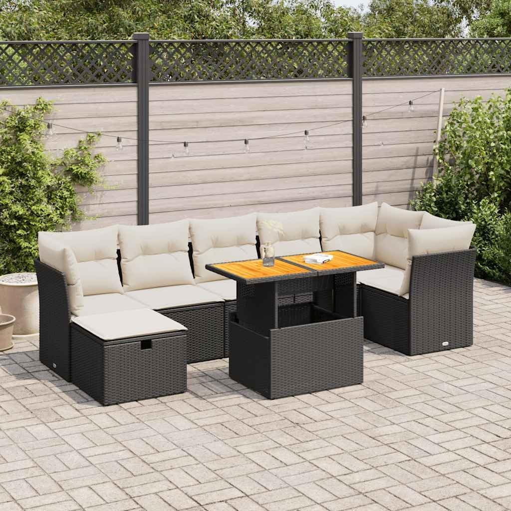 8-Piece Rectangular Garden Sofa Set, Black PE Rattan, Outdoor Patio Furniture Dining Table, Balcony Seating, Adjustable Feet, UV-Resistant