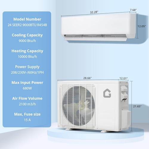 9000 BTU Mini Split Air Conditioner Heat Pump System,24 SEER2 9000 BTU Wifi Enabled 208V- 230V Ductless AC Cool Up to 450 Sq. Ft, Wifi-Enabled Ductless Inverter AC Unit with Copper Line Set