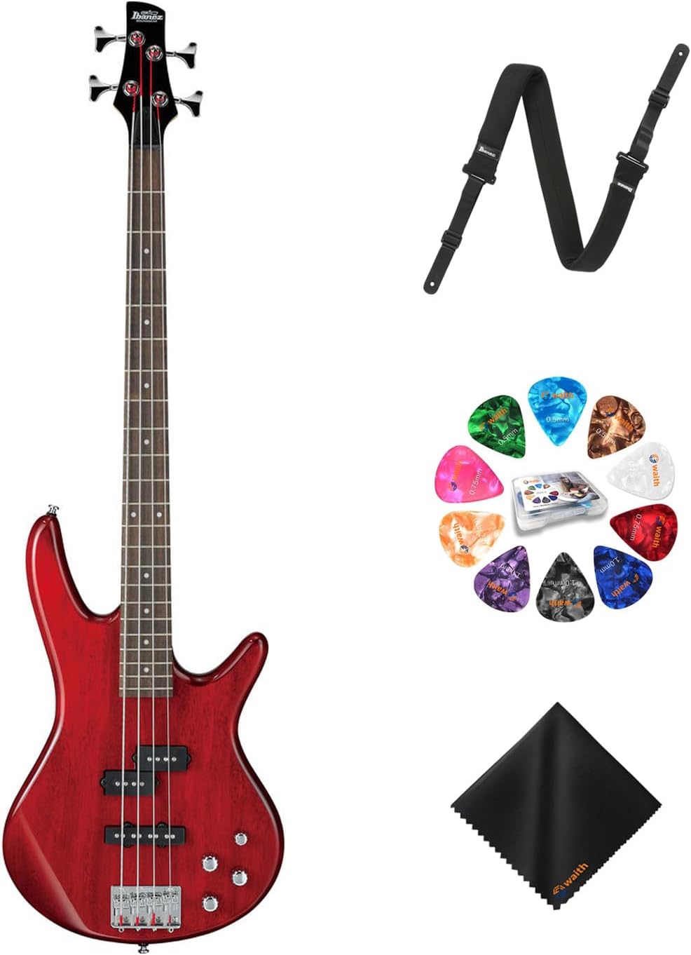 Ibanez GSR200 4-String Bass Guitar (Transparent Red) - Right Handed Poplar Body Bass with GSF50 Powerpad Strap, 15 Pack Guitar Picks with Storage Box & Microfiber Cleaning Cloth (Bundle Set)