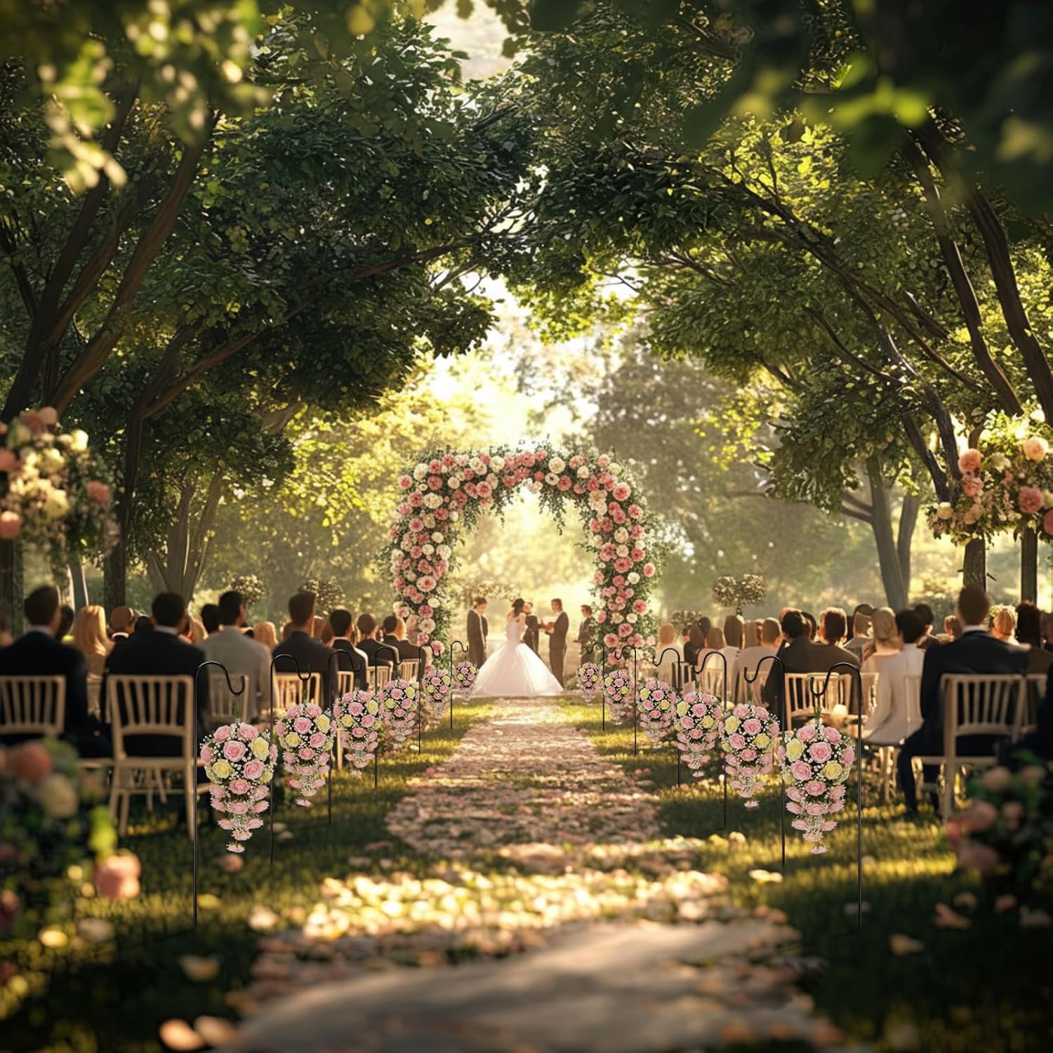 Lounsweer 7.8 ft H Metal Garden Arch Trellis for Climbing Plant Outdoor Garden Pergola Arbor with 12 Pack 31.4 Inch Shepherd Hooks for Hanging Christmas Lights, Lanterns, Wedding Christmas Party Decor