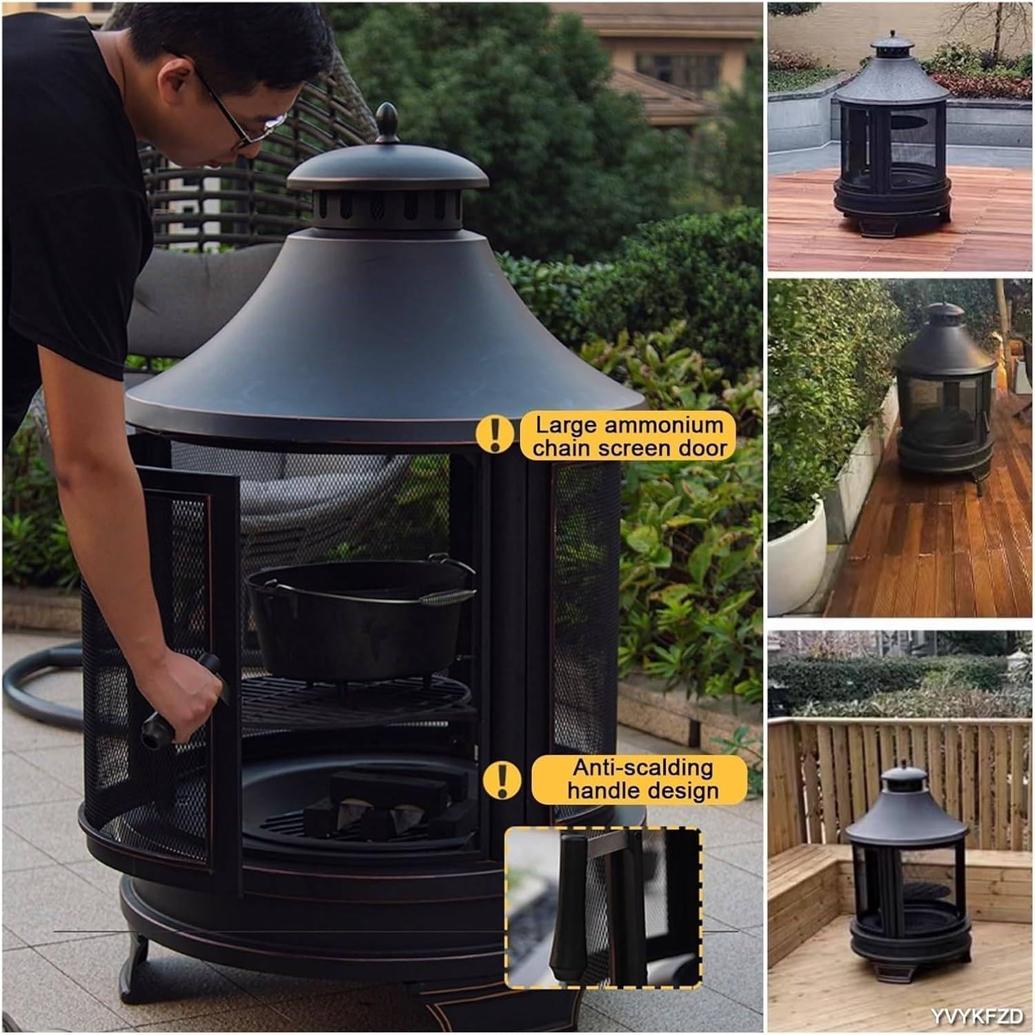 2-in-1 Outdoor Fire Pit with Grill, Black, Round, Metal, Wood