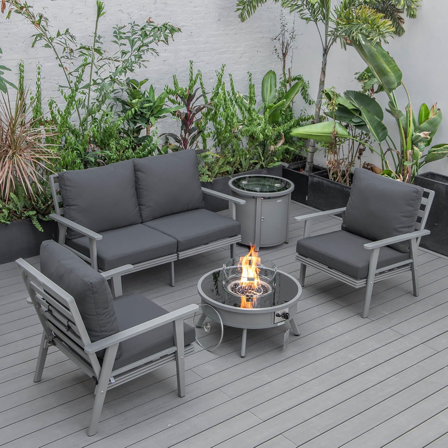 LeisureMod Walbrooke Modern Aluminum 5-Piece Patio Conversation Set with Outdoor Round Firepit Side Table Tank Holder, Charcoal