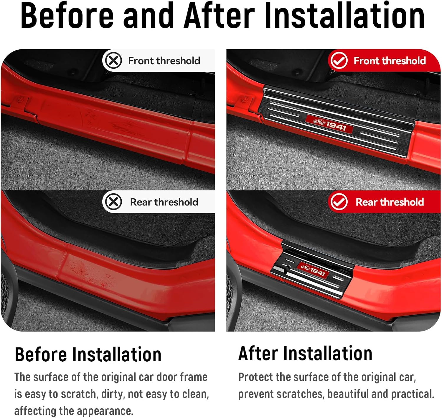 4PCS Door Sill Guards for Jeep 2018-2025 Wrangler JL JLU & 2020-2025 Gladiator JT Accessories Stainless Steel Material Red Trim Door Sill Protector Black Brushed Front Rear Door Entry Guard