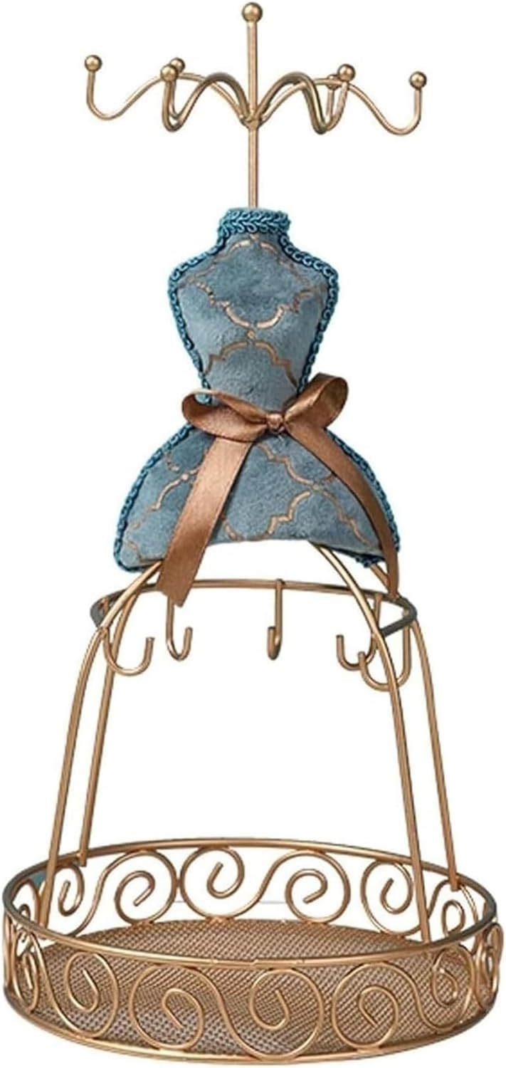 Jewelry Storage Box,Jewelry Holder,Vintage Jewelry Organizer Stand - Blue Double-Deck Metal Earrings Rack Jewelry Display Stand for Girls and Women - 11.41 Inch