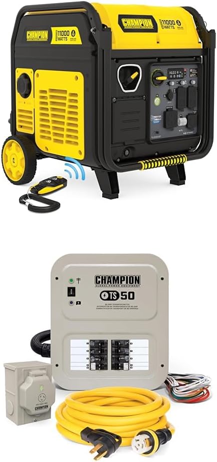 Champion Power Equipment 11,000-Watt Wireless Remote Start Home Backup Portable Inverter Generator and 50-Amp Manual Transfer Switch and Power Cord.