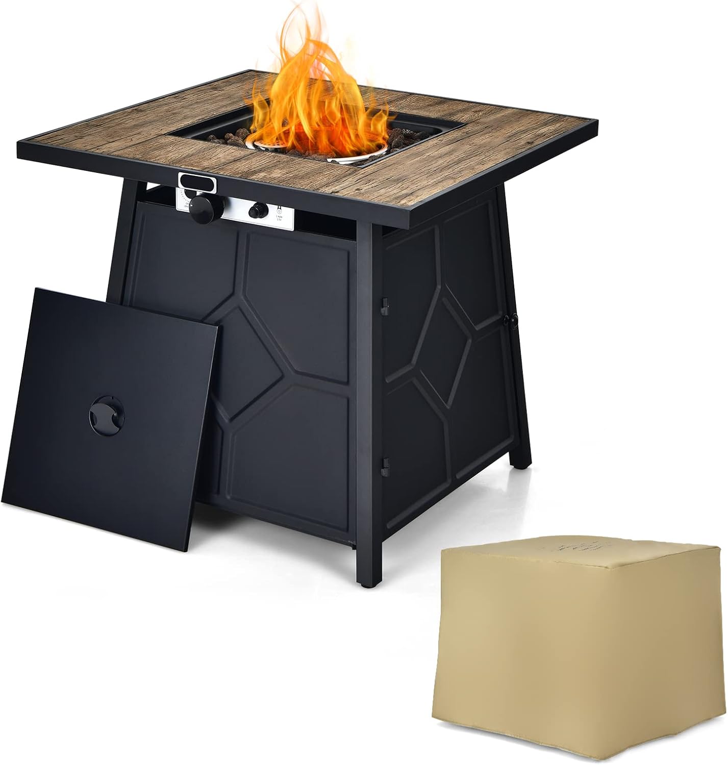Tangkula 28 Inches Propane Fire Pit Table, 40,000 BTU Square Fire Table with Lid, Lava Stone, Waterproof Cover and Instant Touch-Up Pen, Outdoor Dining Gas Fire Pit Table with Adjustable Flame