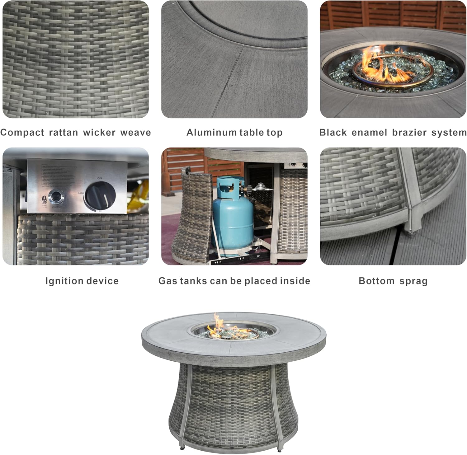 42-Inch Round Gas Fire Pit Table, Aluminum Top with Rattan Base for Outside Patio Backyard Deck Balcony (Grey)
