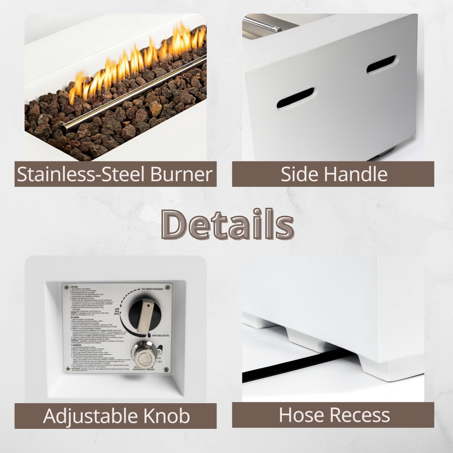 Outdoor Rectangle Propane Fire Pit Table 60Inch Magnesium Oxide White Material Outdoor Garden, Patio Cozy Evenings