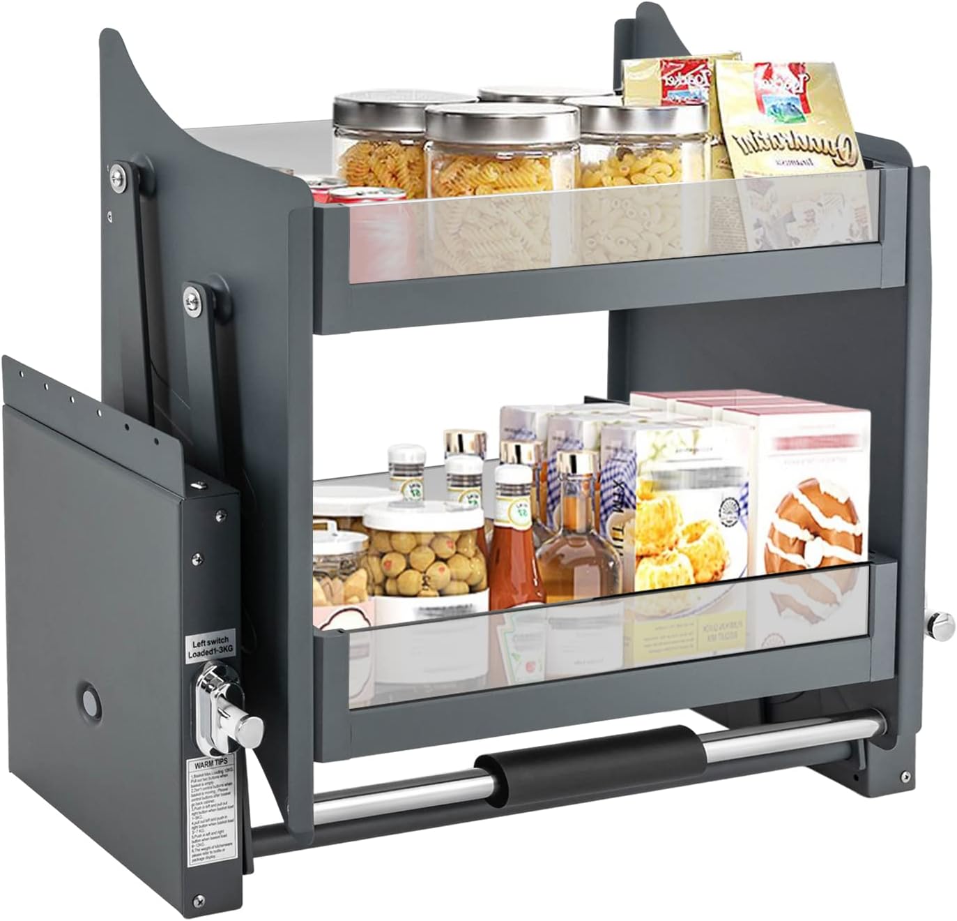 Pull Down Shelf, 24 Inch Upper Kitchen Wall Cabinet Storage Organizer, 2-Tier, Pneumatic Assist, Adjustable Storage Rack, Hydraulic Pull Down Basket, for Kitchen, Pantry, Cabinet