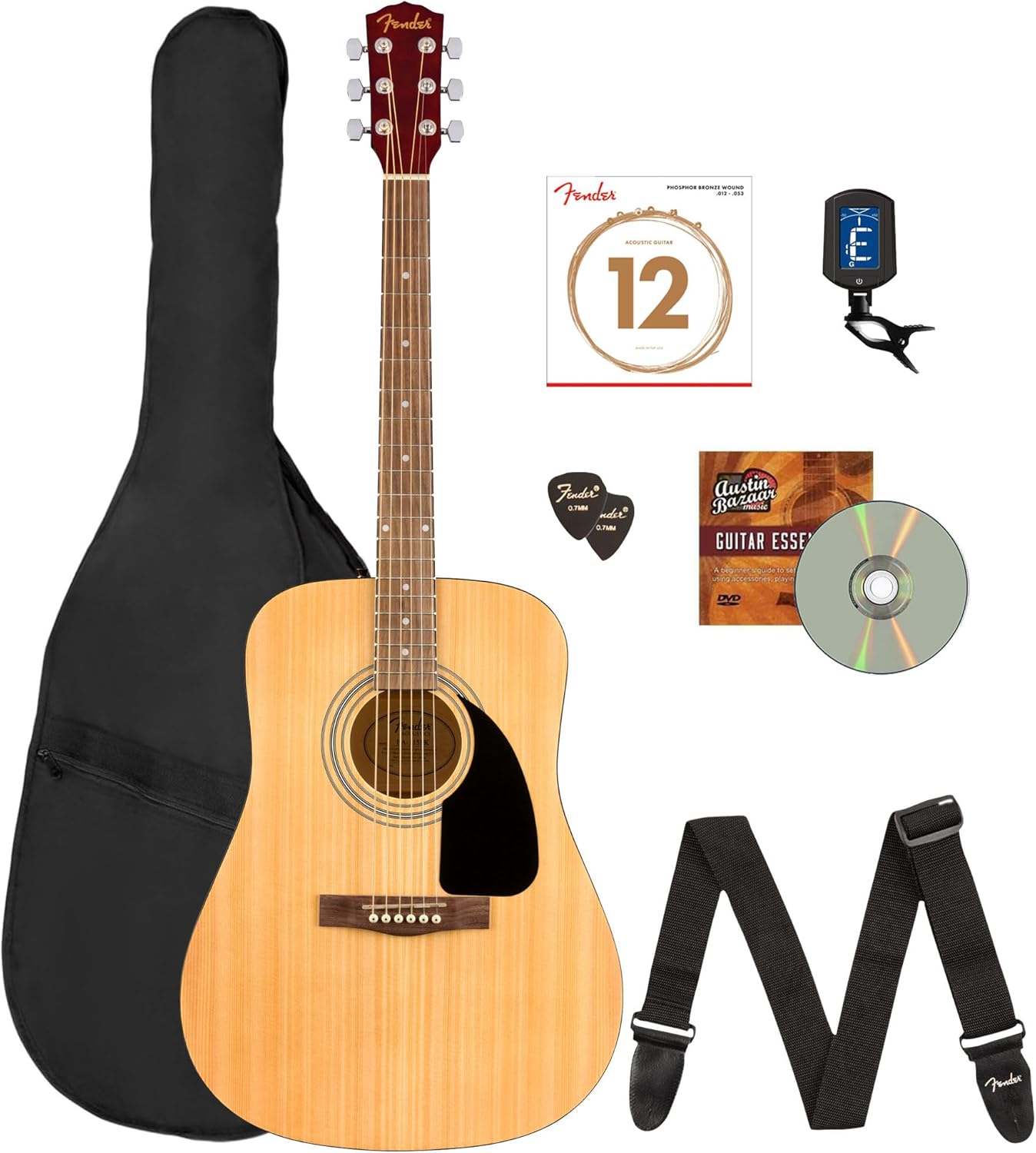 Fender FA-115 Dreadnought Acoustic Guitar - Natural Bundle with Gig Bag, Tuner, Strap, Strings, Picks, Fender Play Online Lessons, and Austin Bazaar Instructional DVD