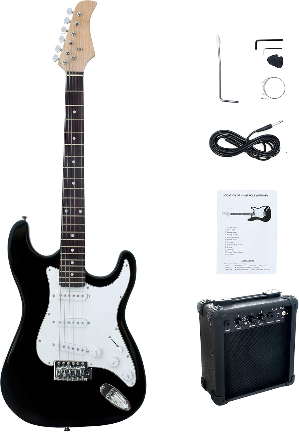 Full-Size 39“ Adult/Teenager/Beginner Electric Guitar Black with 5W Amplifier (powered by 9V battery or adaptor - not included), Extra Strings, Cable and Guitar Pick (Black)