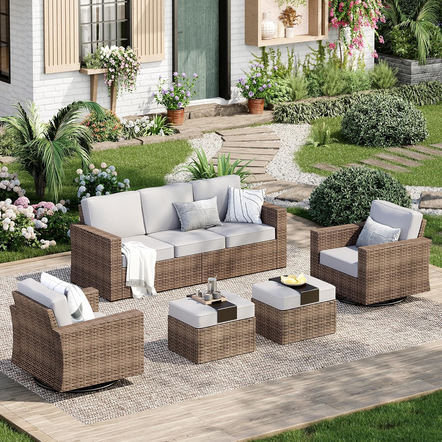Patio Furniture Set, 5 Pieces Outdoor Furniture Sets, Wicker Rattan Conversation Sets with 2 Swivel Chairs and 2 Ottomans, High Back Conversation Set for Garden, Backyard, Pool, Grey