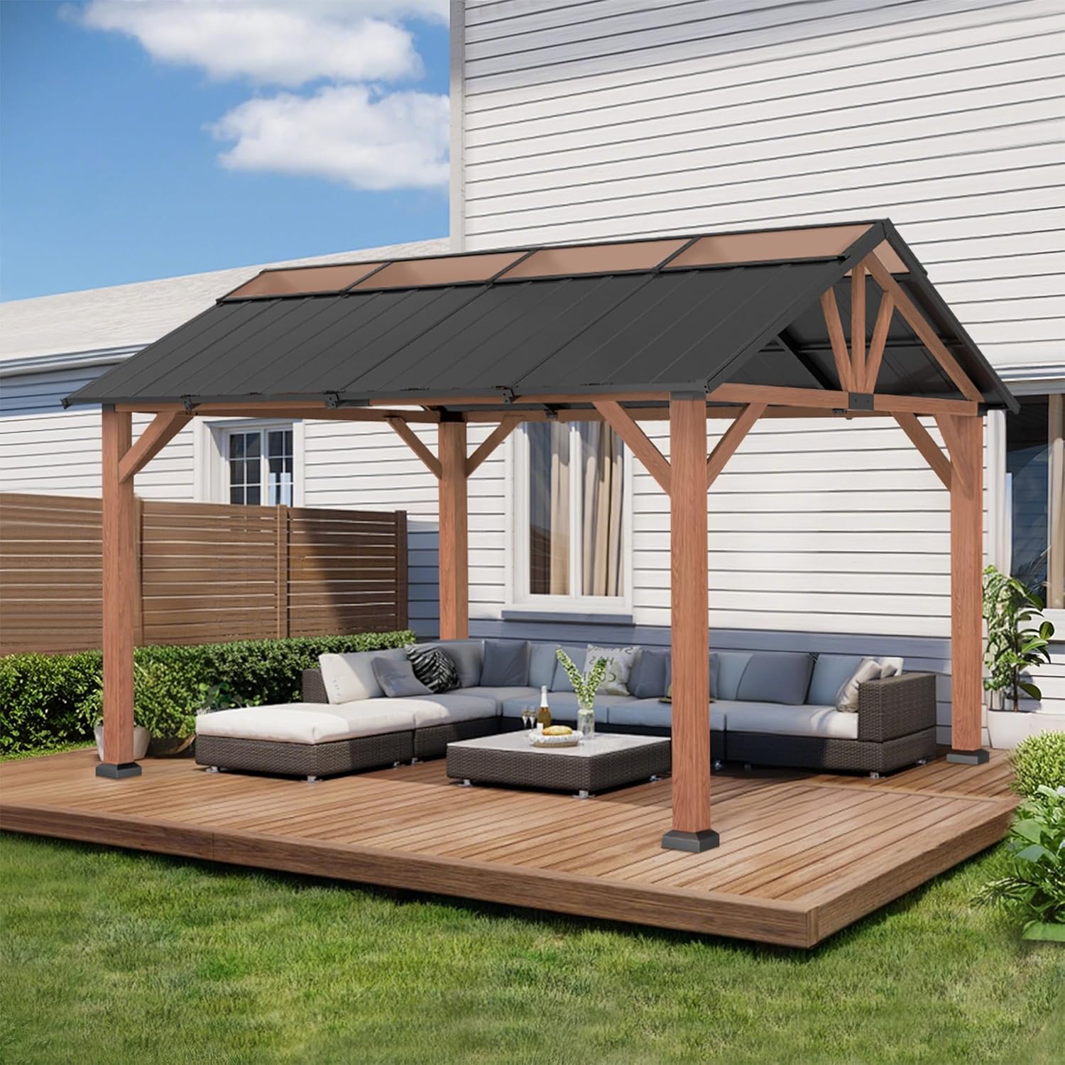 Macrout 13'x15' Hardtop Gazebo with Gabel Roof Canopy and Aluminium Frame, Outdoor Grill Gazebo Pergola for Patio, Backyard and Party, 4967 (Gable Roof + Brown Frame, 13'x15')