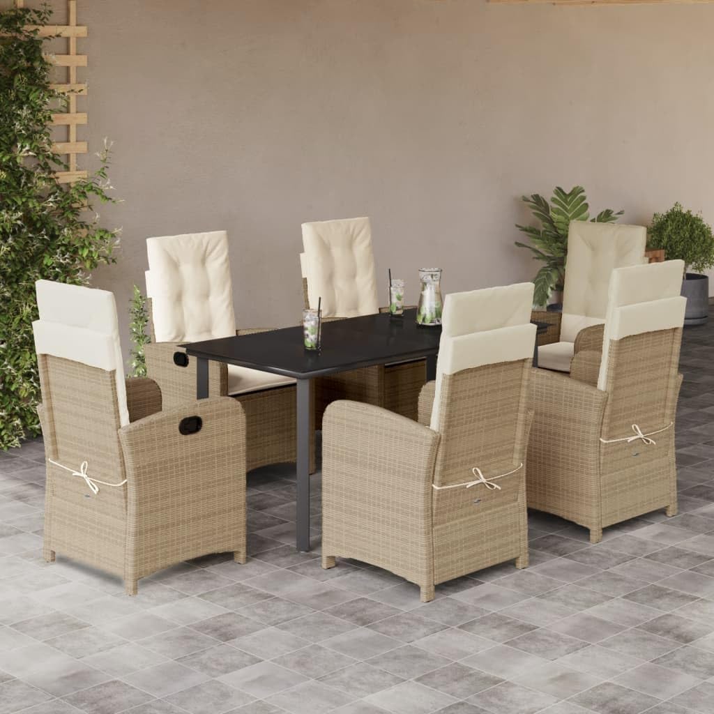 Furniture Sets 7 Piece Patio Dining Set with Cushions Beige Poly Rattan,Adjustable Reclining Garden Furniture Set with Tempered Glass Table Garden Conversation Sets