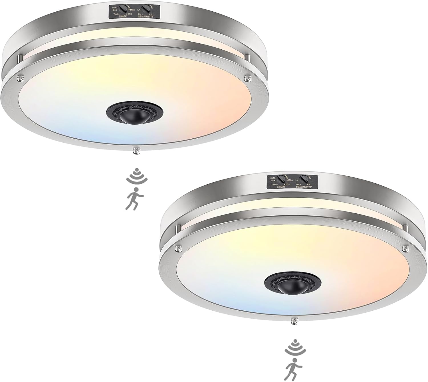 24W LED Motion Sensor Outdoor Ceiling Light, 12IN 2700K/3000K/3500K/4000K/5000K Adjustable Ceiling Lights, Dusk to Dawn Flush Mount LED Ceiling Light Fixture for Porch, Garage, Nickel, 2 Pack