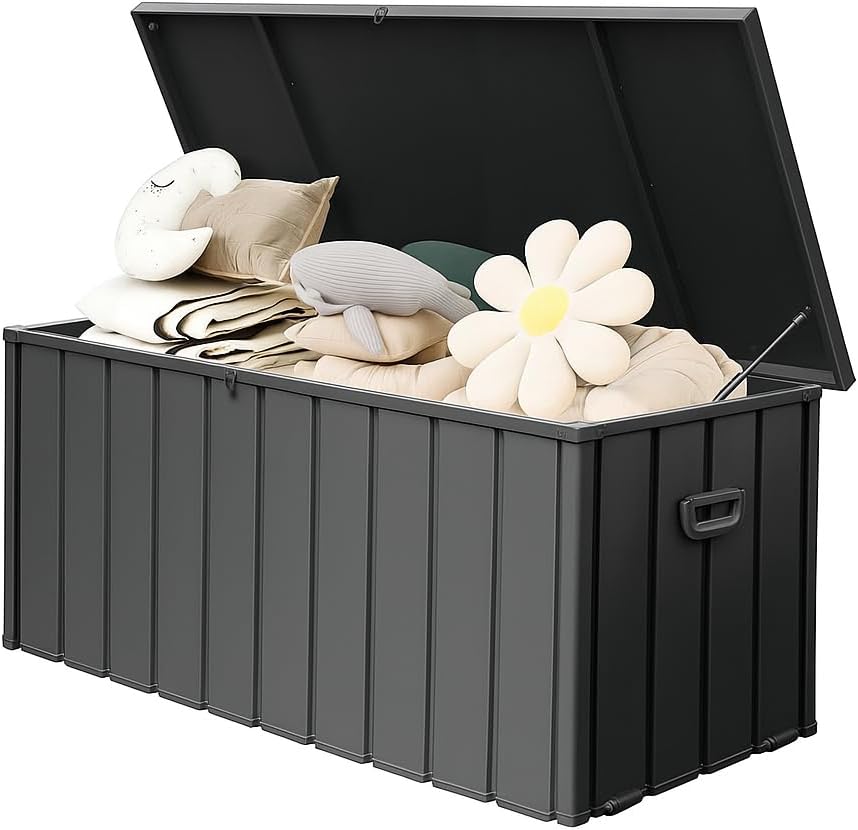 GOWE 190 Gallon Metal Deck Box, Waterproof Steel Outdoor Box, Large Patio Furniture Storage Cabinet, Lockable Storage Bench for Porch Package Delivery, Pillows, Cushions, Pool, Tools, Backyard, Grey