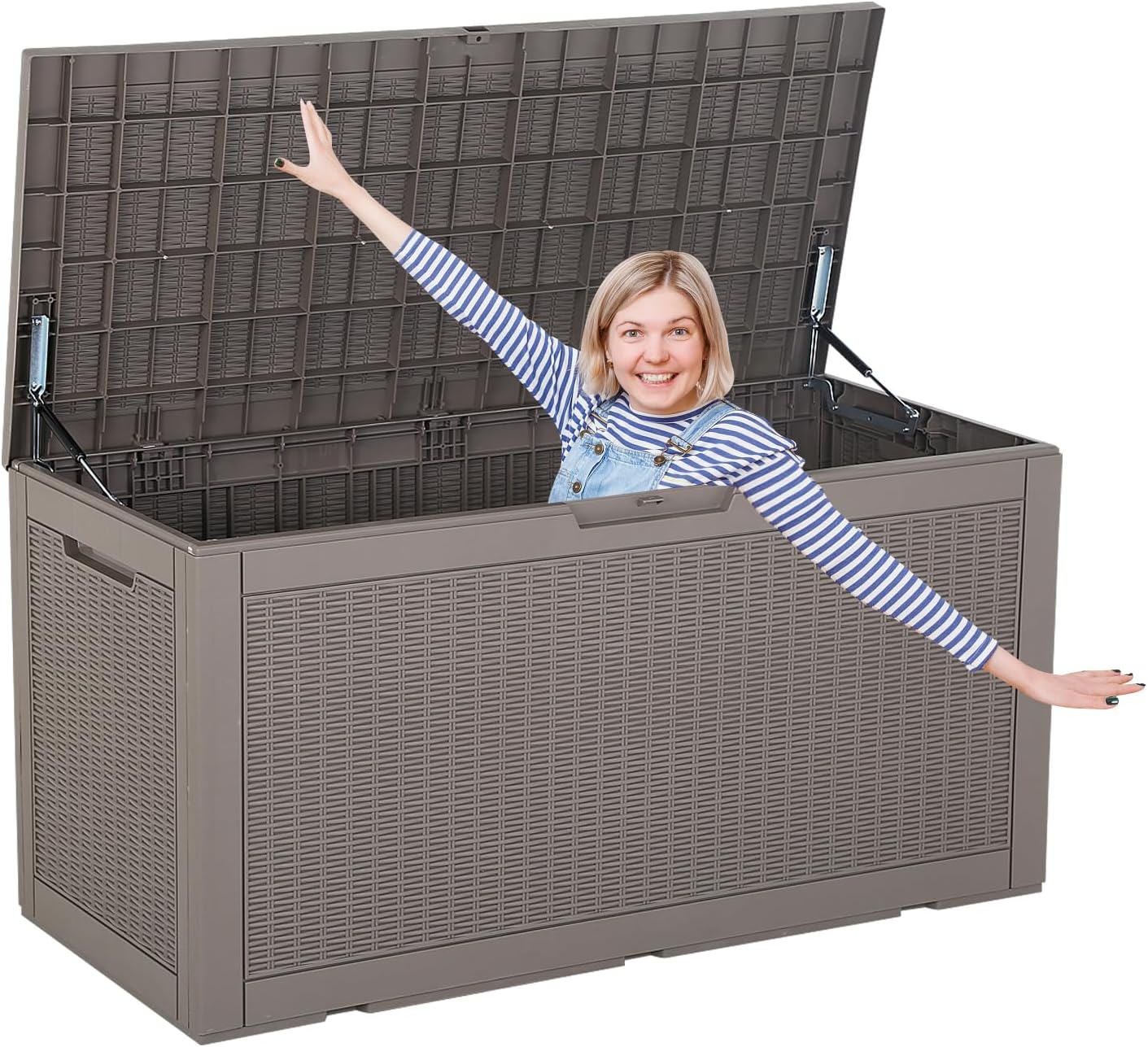 100 Gallons Large Deck Box Outdoor Storage Box,Deck Boxes Outdoor Waterproof Resin Patio Storage Box/Bench/Table Storage Container for Patio,Pool, Living Room (Tan)