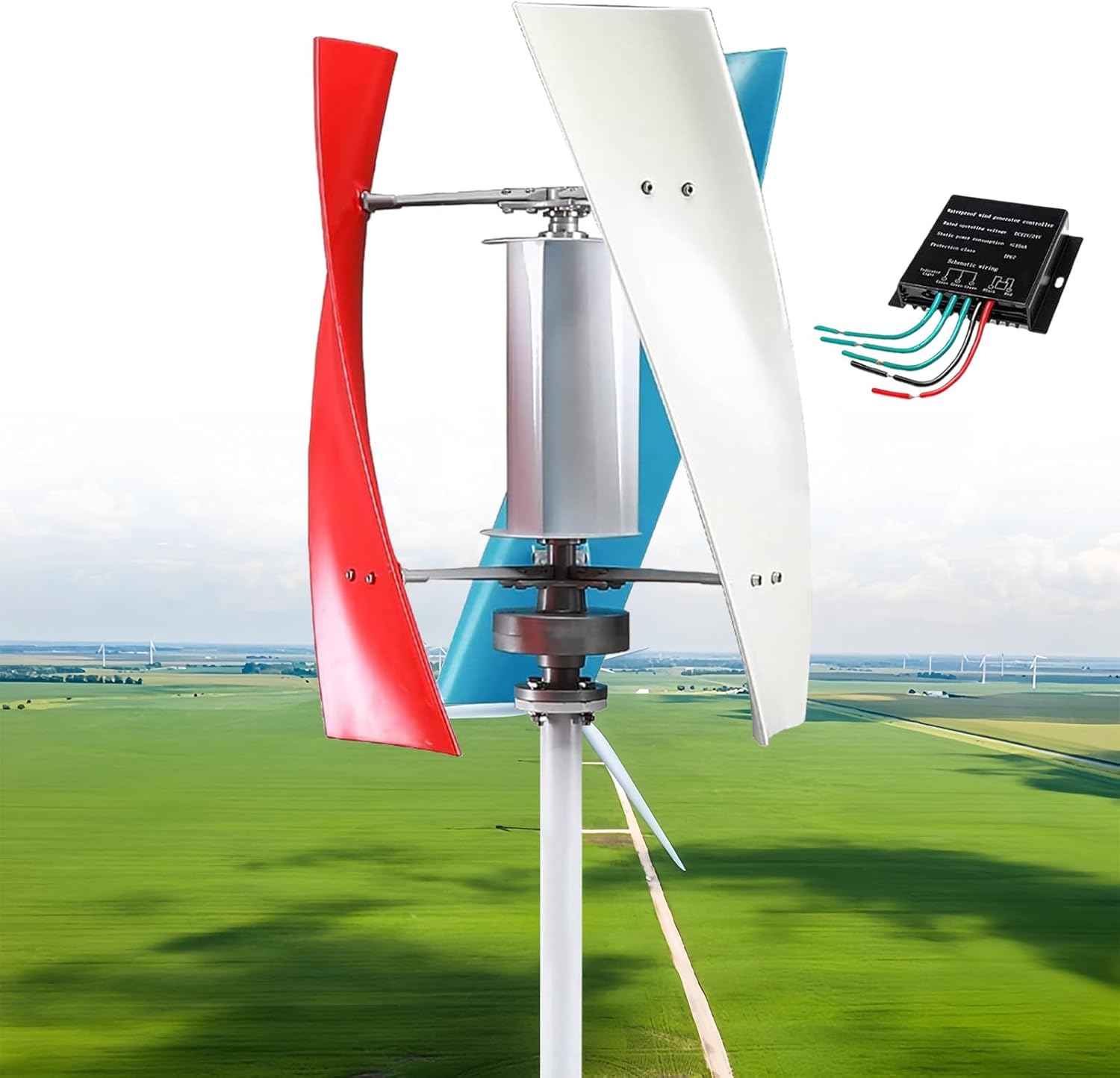 12000W Vertical Wind Turbine Generator Kit - 3 Blades Portable Maglev Wind Power System, 12V/24V/48V with Charge Controller for Boats, Cabins, RVs - Colorful Design