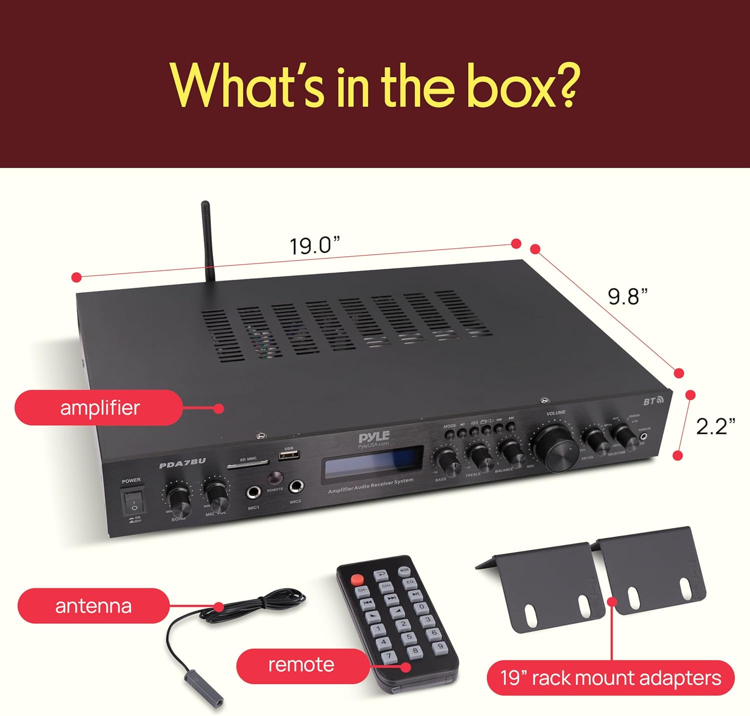 Pyle Bluetooth Home Theater Amplifier - 200 Watts into 5 Channels with Subwoofer Out, Wireless Streaming, USB/SD with MP3 player, RCA Input, FM Radio, LCD Display - PDA7BU