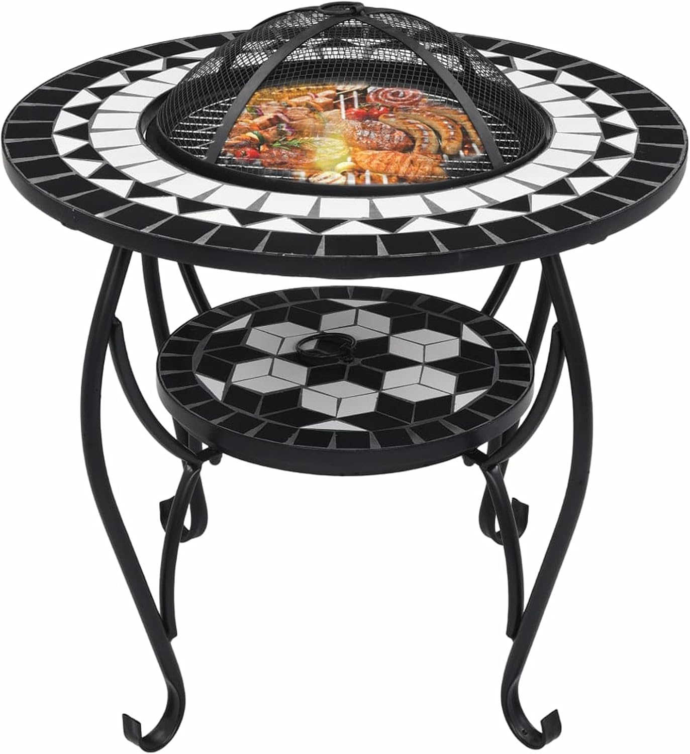 Mosaic Fire Pit Table, Black and White Ceramic Steel 26.8in Round for Garden Patio Warmth and Barbecue