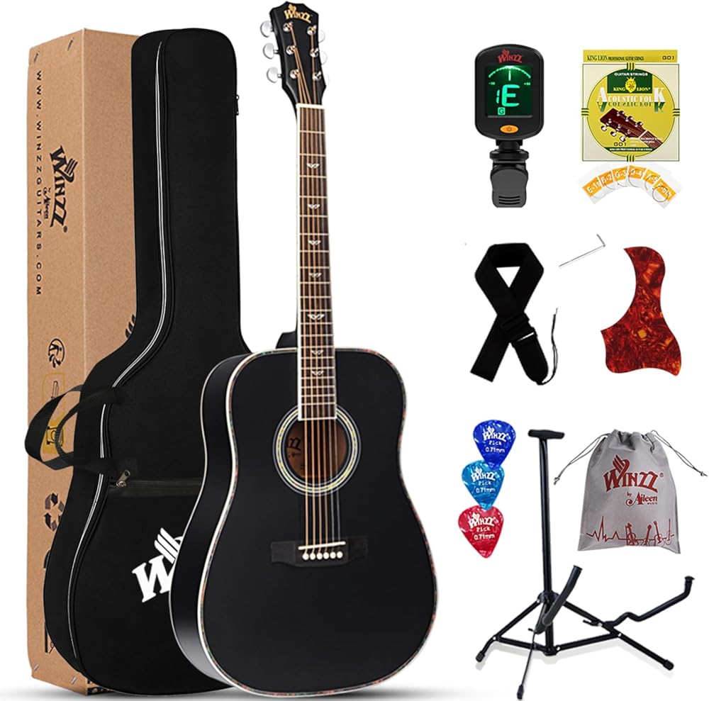 Winzz Acoustic Guitars Full Size, 4/4 Folk Guitar for Beginners Adults, Acoustic Steel-string Guitar Black (41 Inches）