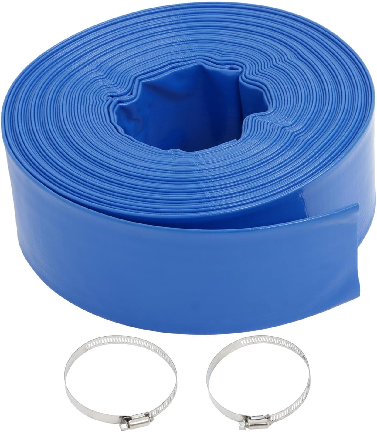 3In x 100Ft PVC Irrigation Hose Backwash and Discharge Hose for Swimming Pools Heavy Duty Reinforced Flat Pool Hose Soft with Two Hose Collets Blue